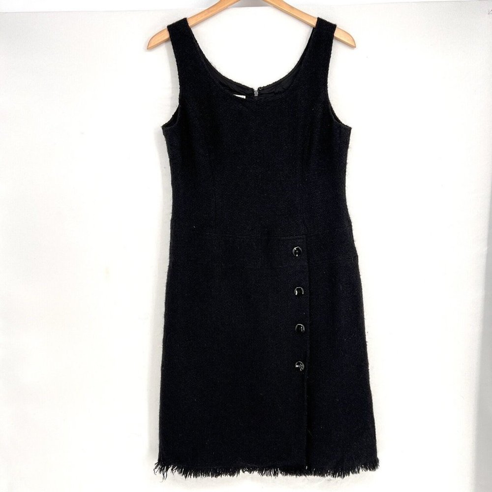DEPECHE MODE Ives Cossette Size 6 Black Sheath Dress Fringed Hem Wool Blend Vtg